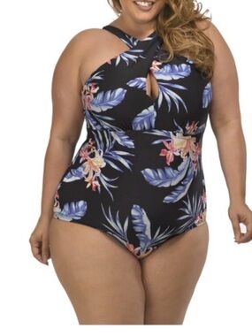 Plus-Size  18w 20w Black Floral Cross-Neck One-Piece Swimsuit lysa nwot